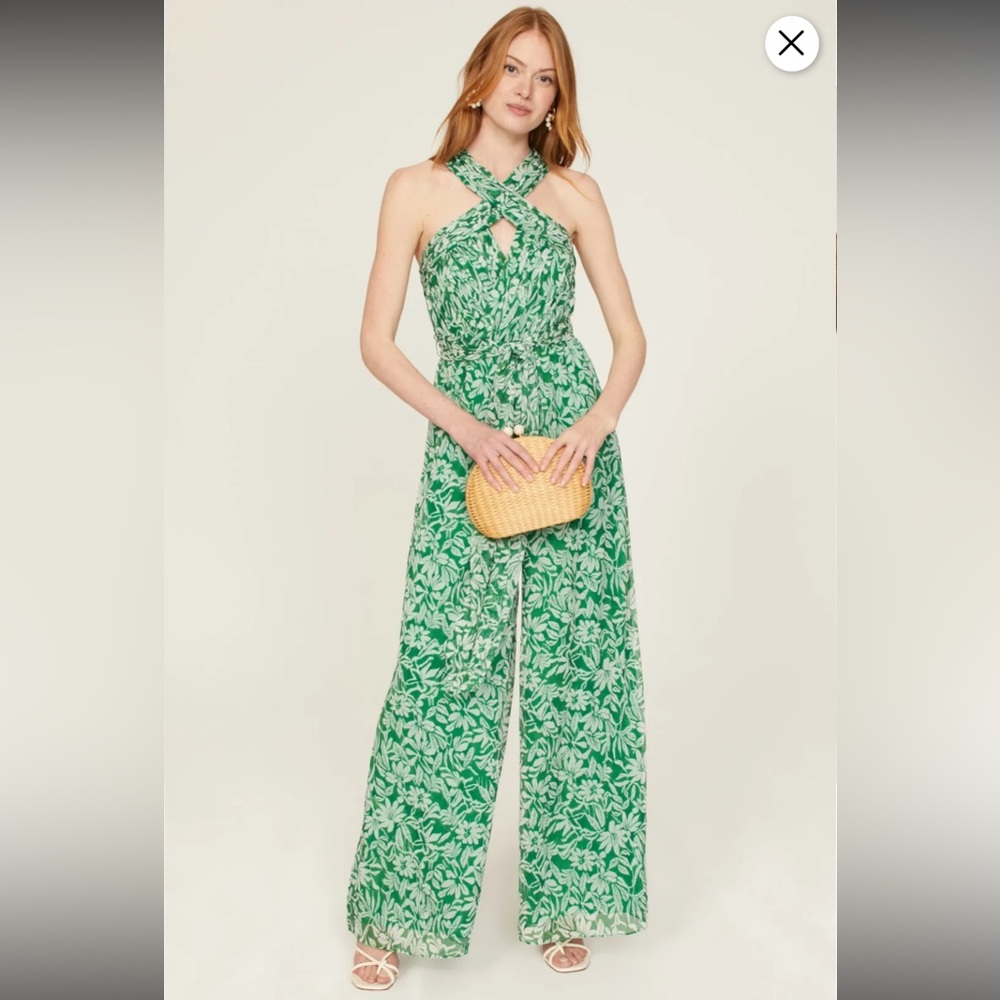 RTR- Badgley Mischka- Sz 8- Floral Pleated Jumpsuit- Green & White- **Flaw**